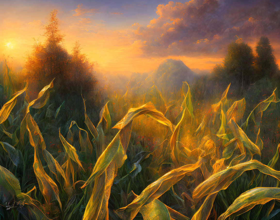 Scenic sunrise over golden field with misty trees in warm hues