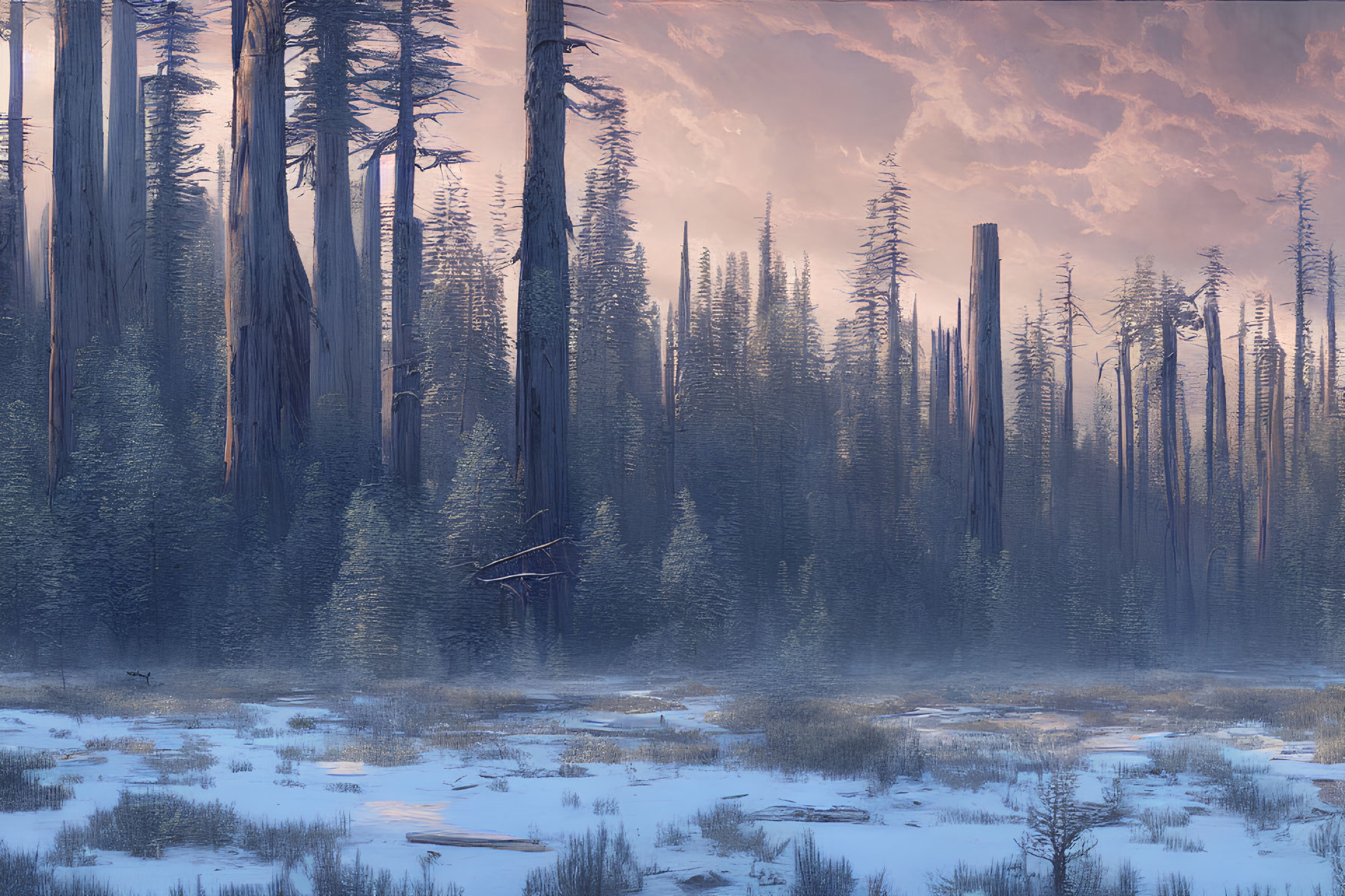 Snowy Dusk Scene: Tall Bare Trees in Frozen Landscape