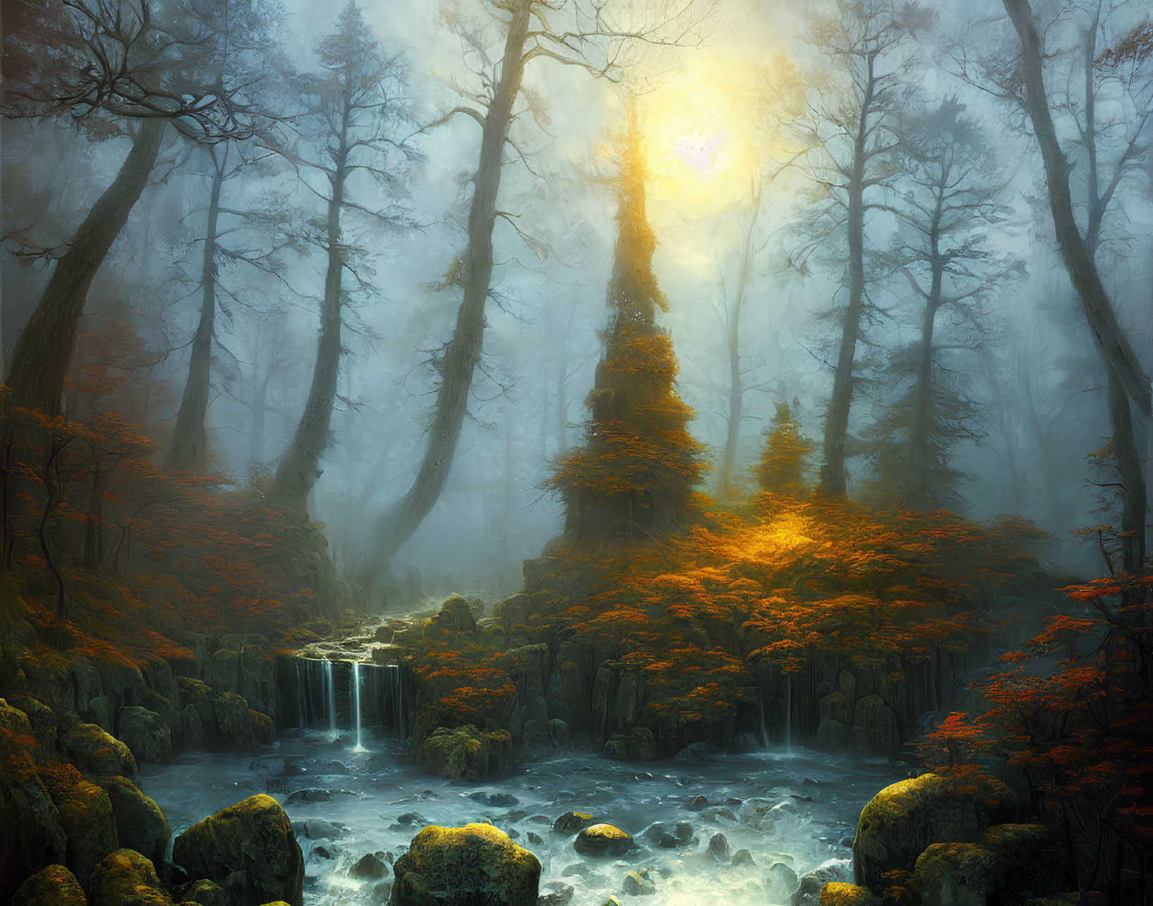 Tranquil forest landscape with waterfall, autumn trees, sun rays, and mossy stream