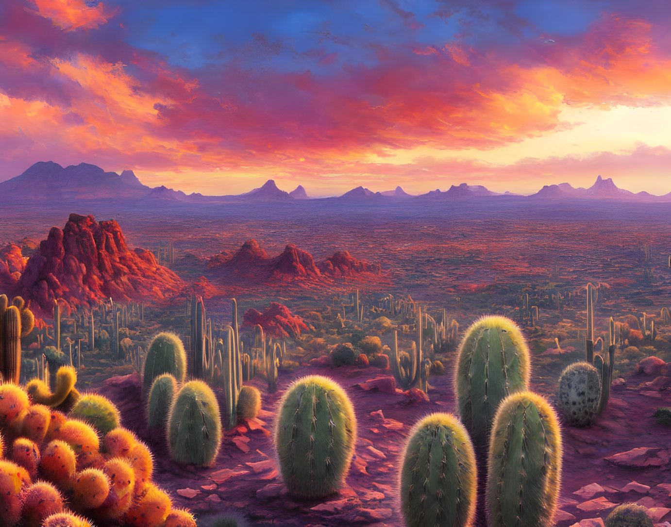 Colorful Sunset Desert Landscape with Cacti and Red Rocks
