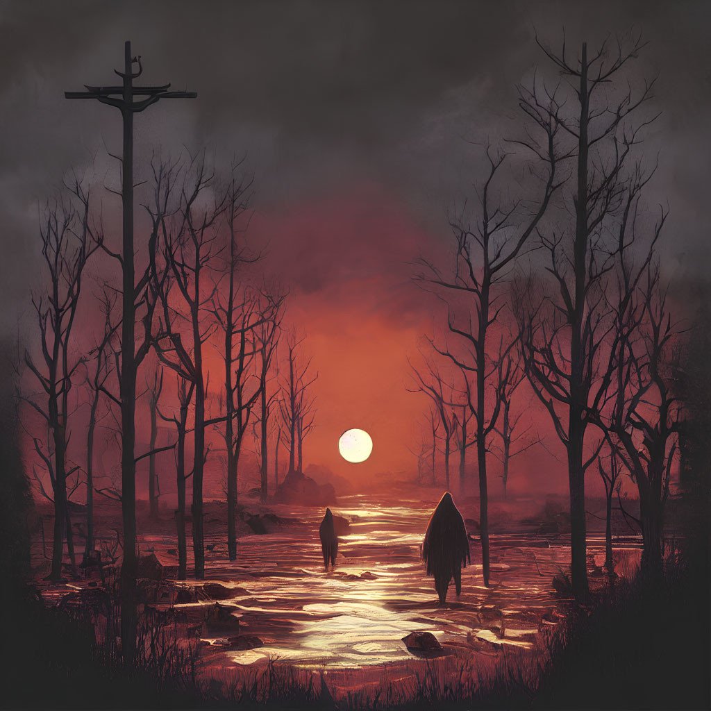 Silhouettes walking on path in eerie sunset landscape