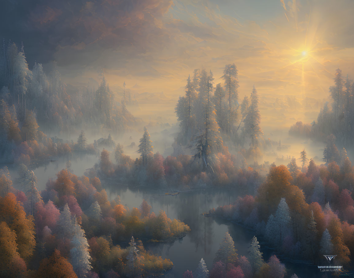 Misty autumn forest with golden foliage and waterways