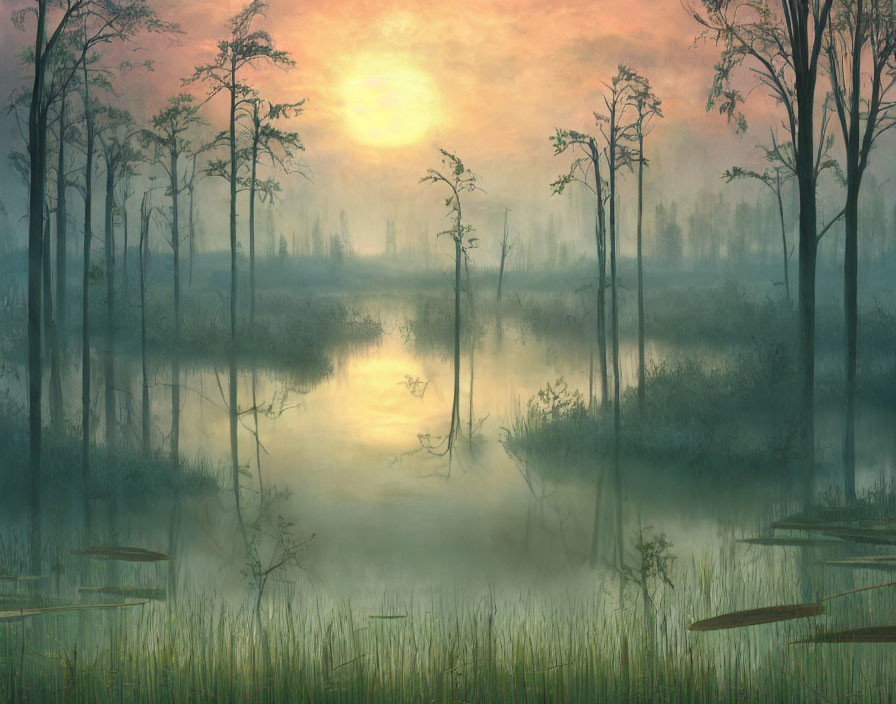 Misty sunrise swamp with reflective waters and silhouetted trees