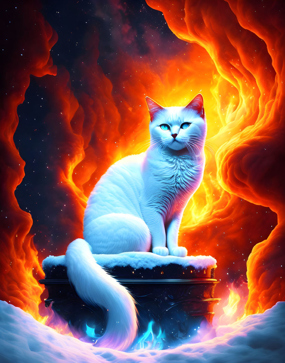 Fiery night on a white cat in Hell