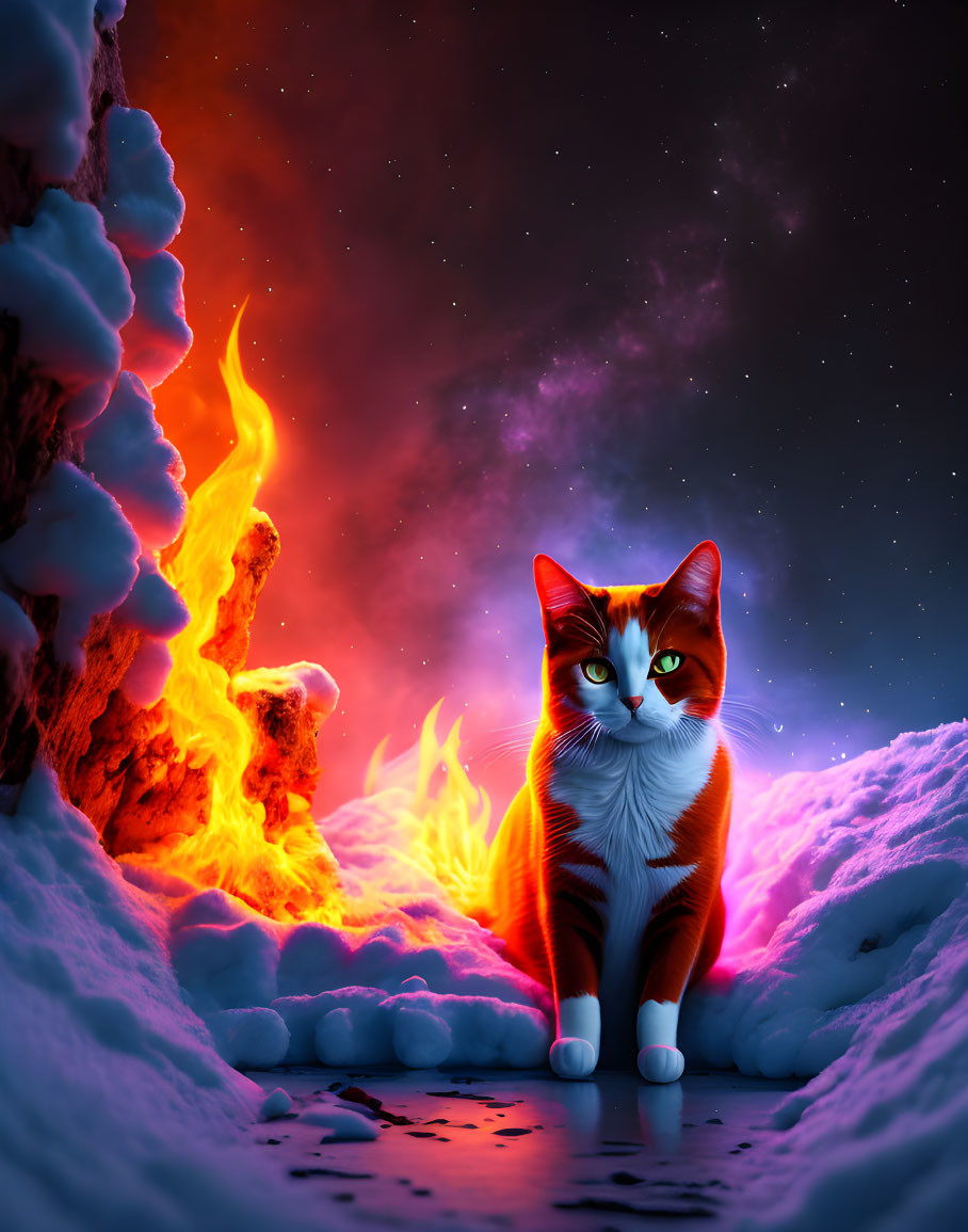 Fiery night on a white cat in Hell