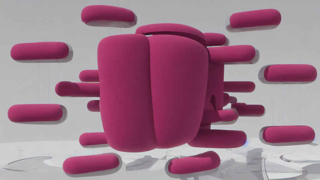 Bright Pink 3D Shapes Around Central Form in White Space