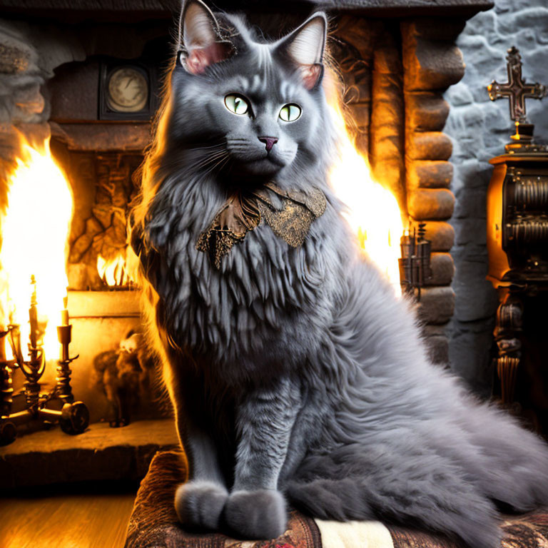 Nebelung Cat at the fireplace
