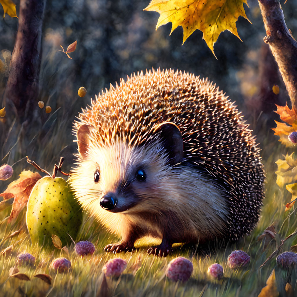 Hedgehog in a meadow with fruit trees