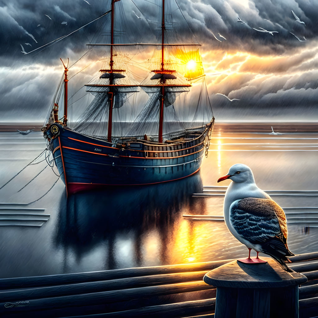 Seagull on a harbor quay