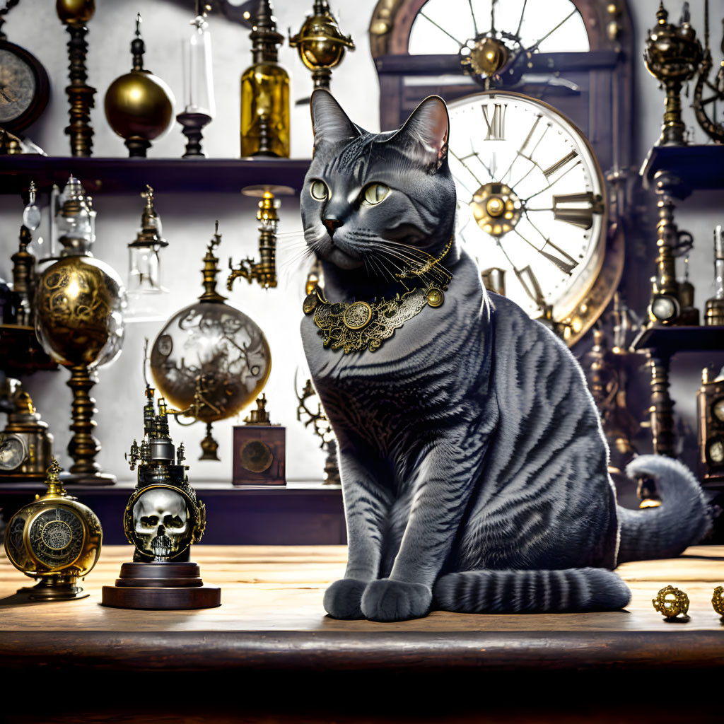 Silver Tabby Cat in an Steampunk Laboratory IV