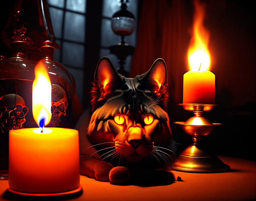 A Black Cat in a dark occult laboratory