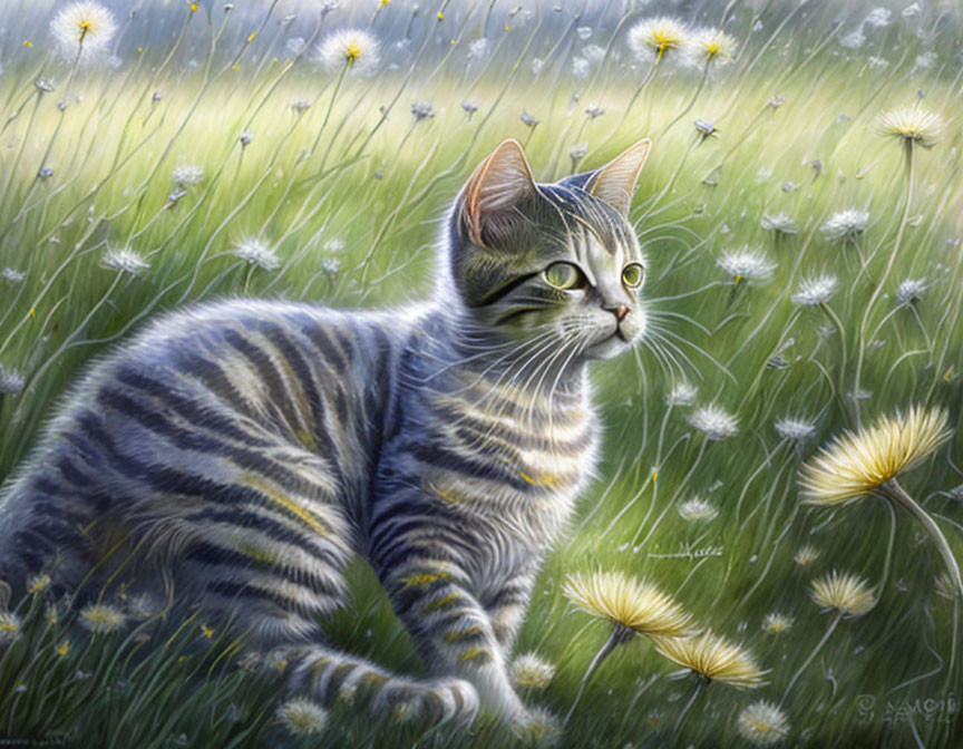 Tabby Cat in a Field of Dandelions