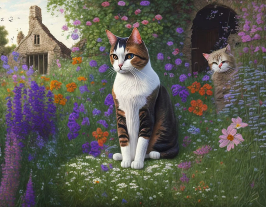 Cats in a Flowers Garden