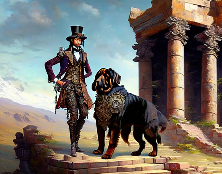 Steampunk Adventurer with his Do Khyi Dog I