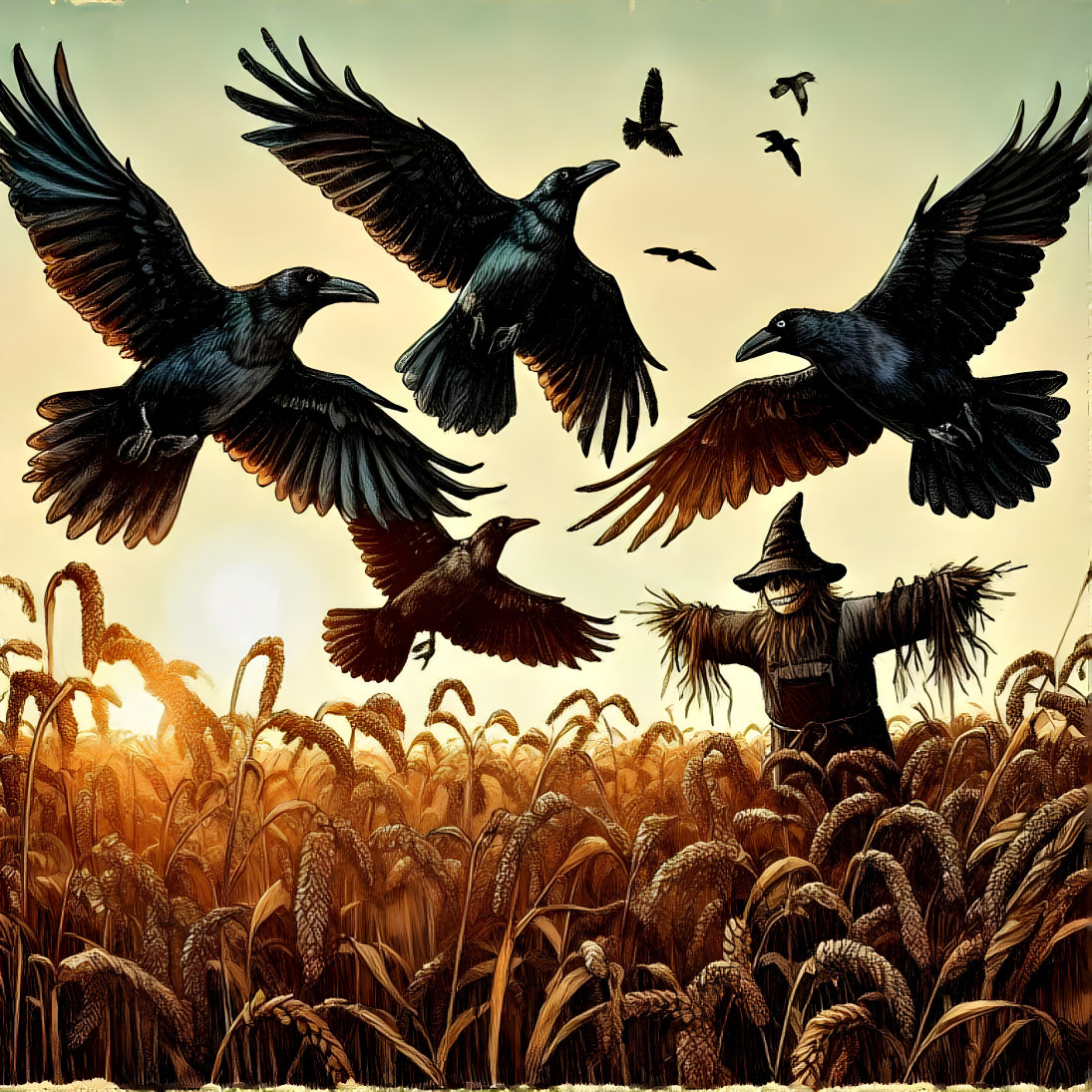 Common Ravens circling above a cornfield