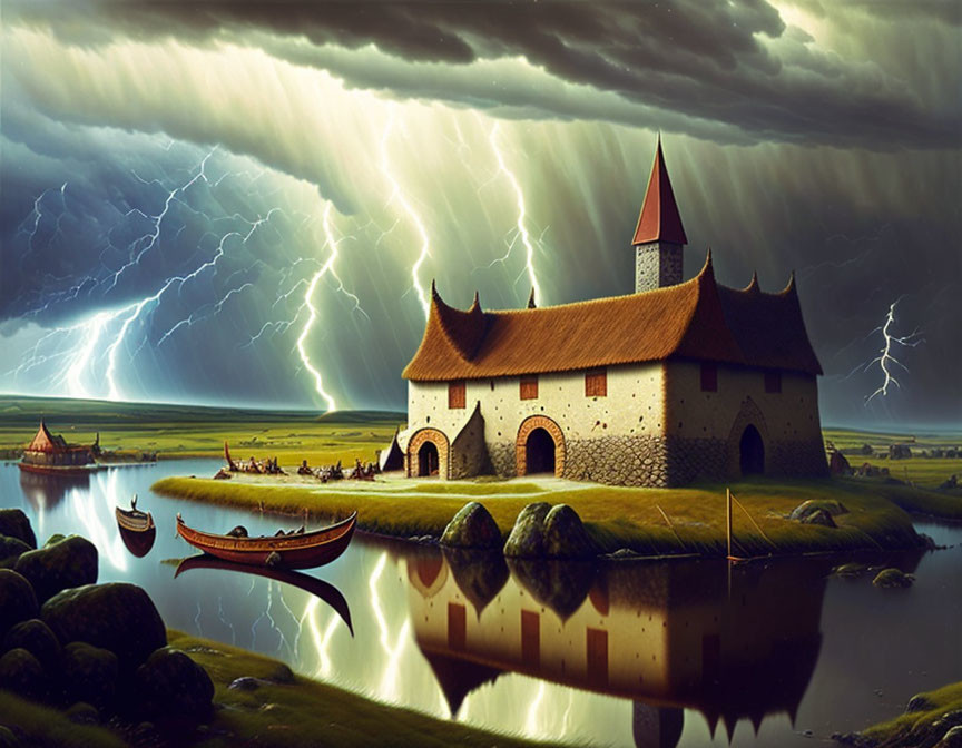 Medieval Settlement in Thunderstorm