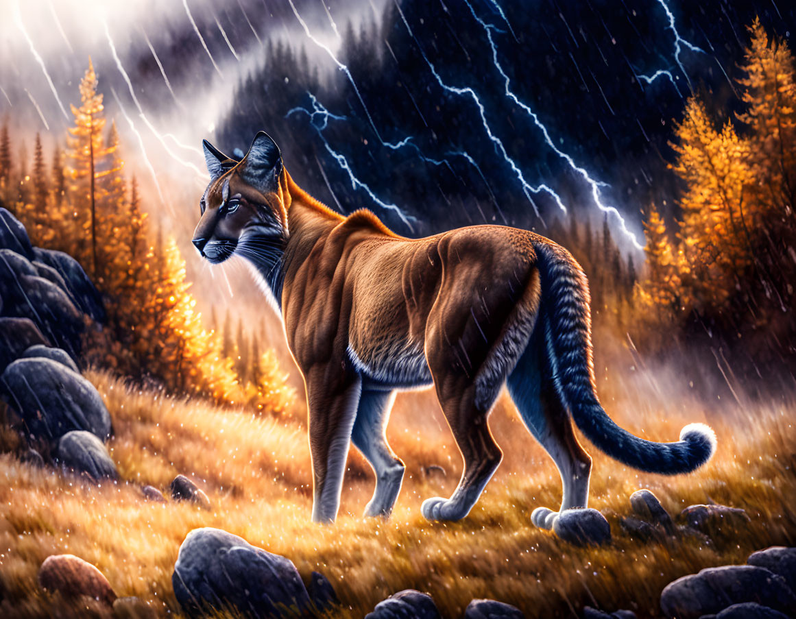Striding Puma in mountain forest