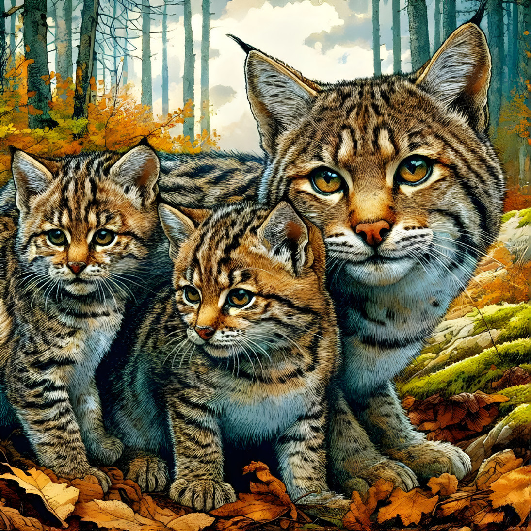 Wildcat Mother with Cubs