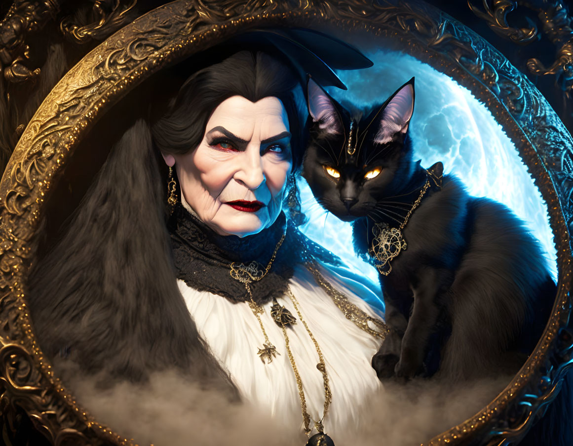Old Witch and her Black Cat Familiar in the Mirror