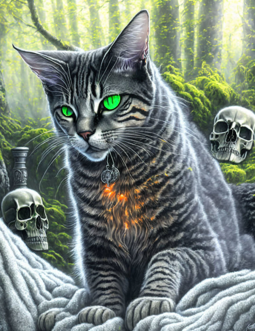 Grey-Brown Tabby Tomcat and Skulls