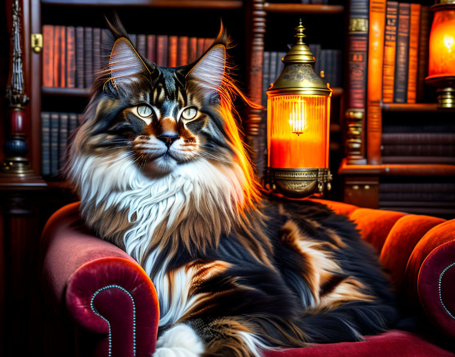 A majestic Main Coon Cat in an Steampunk Library