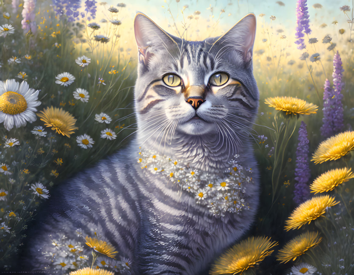 Grey Tabby Cat in a Field of Chamomile Flowers
