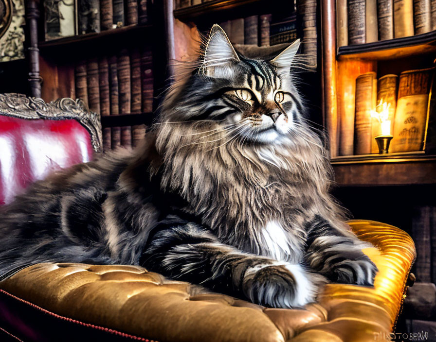 Norwegian Forest Cat in the library