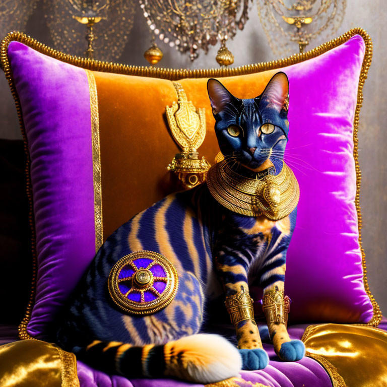 Egyptian Mau Cat sitting on a purple pillow