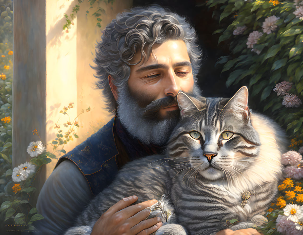 Bearded old man and his beloved tabby cat