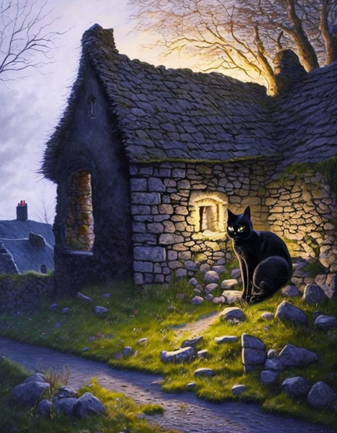 Black Cat stiing in front of old cottage III