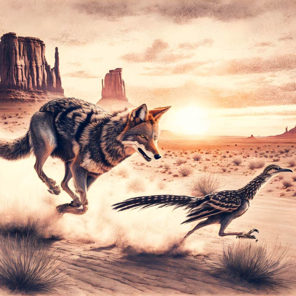 Wile E. Coyote chasing Roadrunner *Meep!* *Meep!*