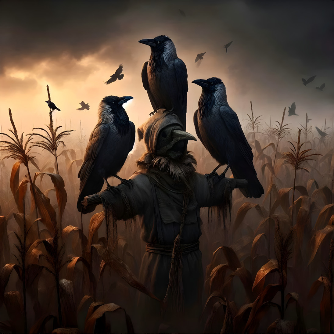 Hooded Scald-Crows on a Scarecrow