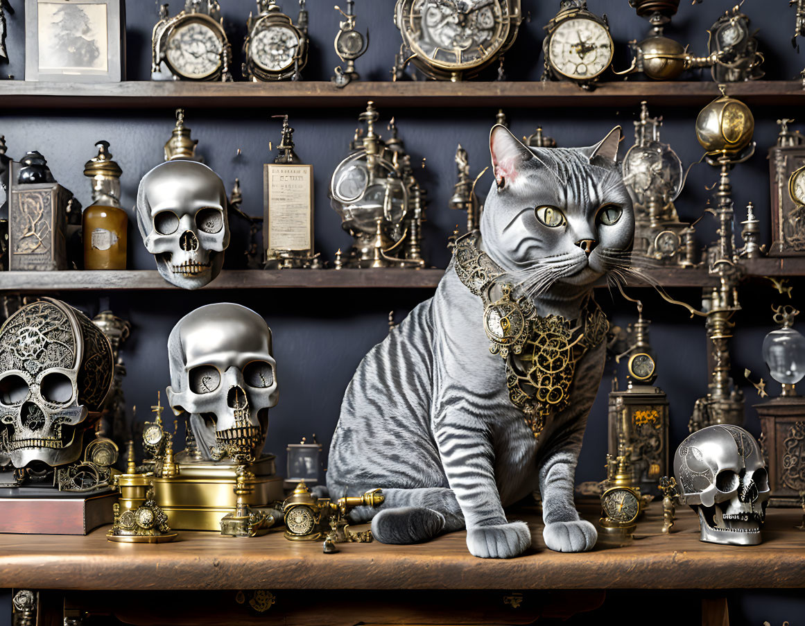 Silver Tabby Cat in an Steampunk Laboratory III