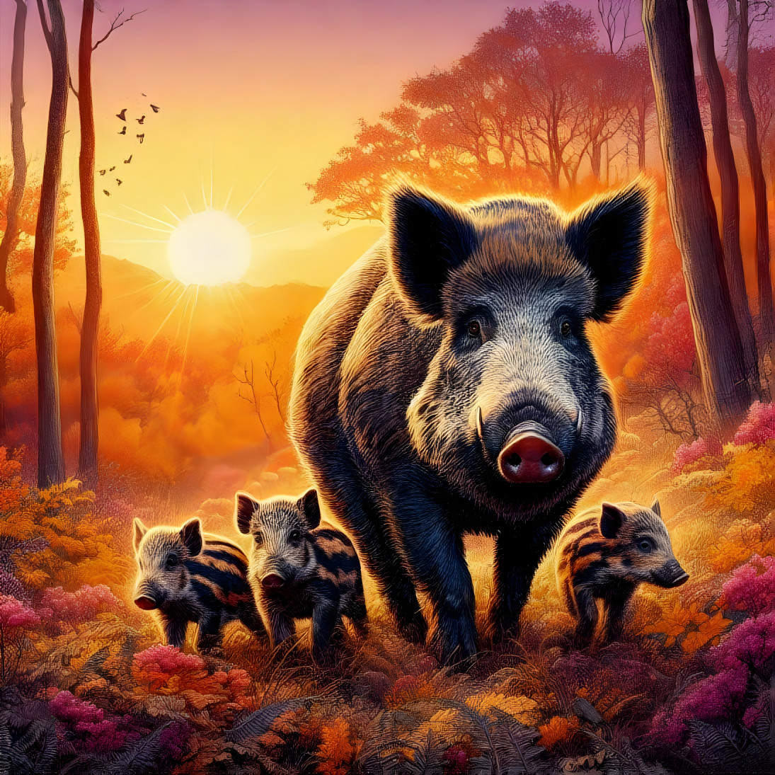 Wild Boar Mother with Piglets