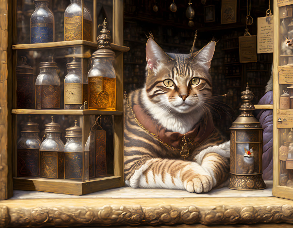 Brown tabby cat in alchemist's shop
