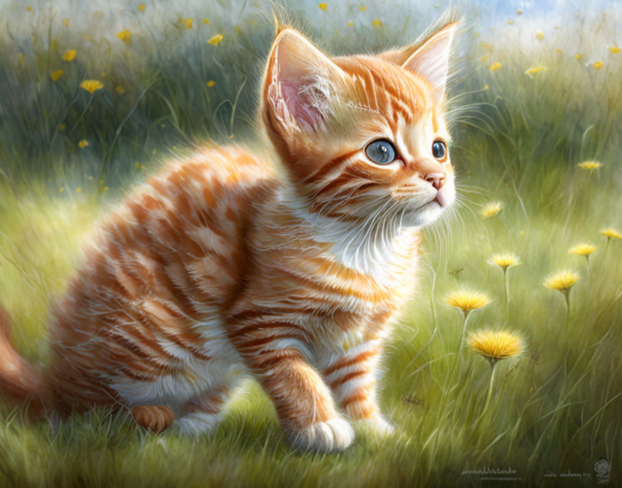 Red Tabby Kitten in a Field of Dandelions