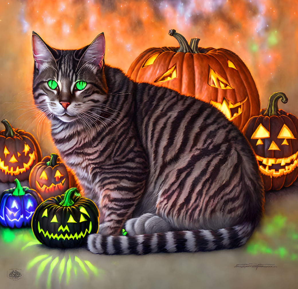 Happy Hallowen Cat and Jack-o-Lanterns