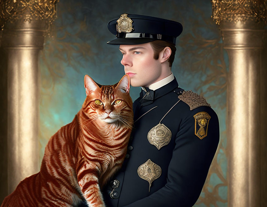 Officer and red Tabby Cat