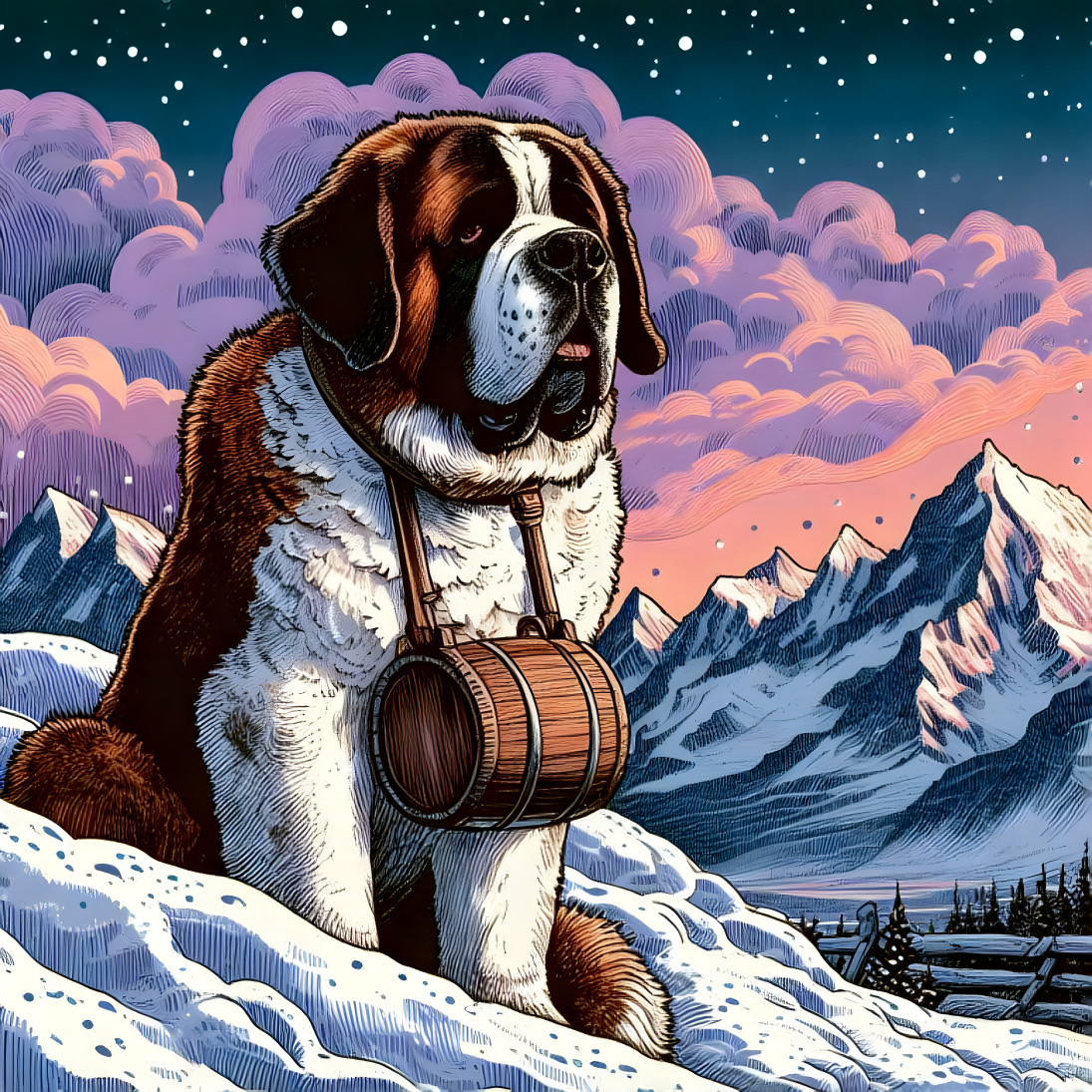  Saint Bernard Dog in snowy Alpine Mountains