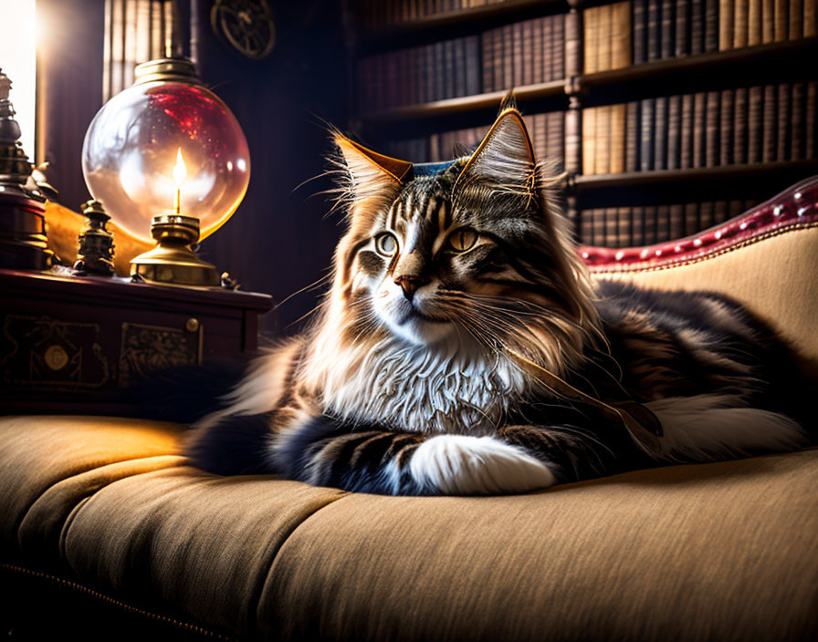 Norwegian Forest Cat in an Steampunk Library 
