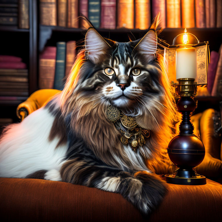 Majestic Main Coon Cat in an Steampunk Library II