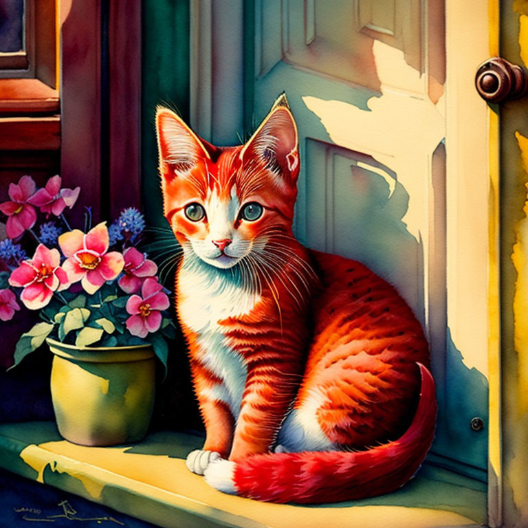 Red tabby Kitten sitting in a door