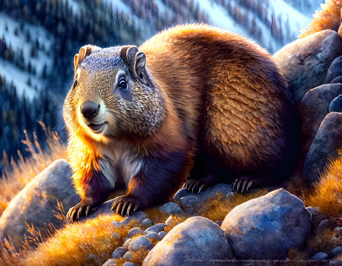 Alpine marmot in autumn mountains