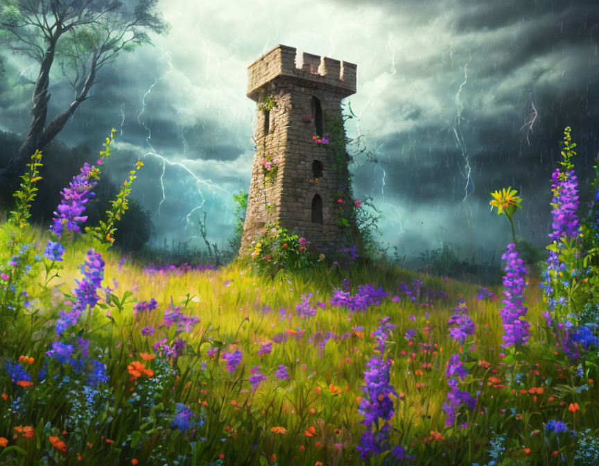 Old Tower in a field of Wild Flowers