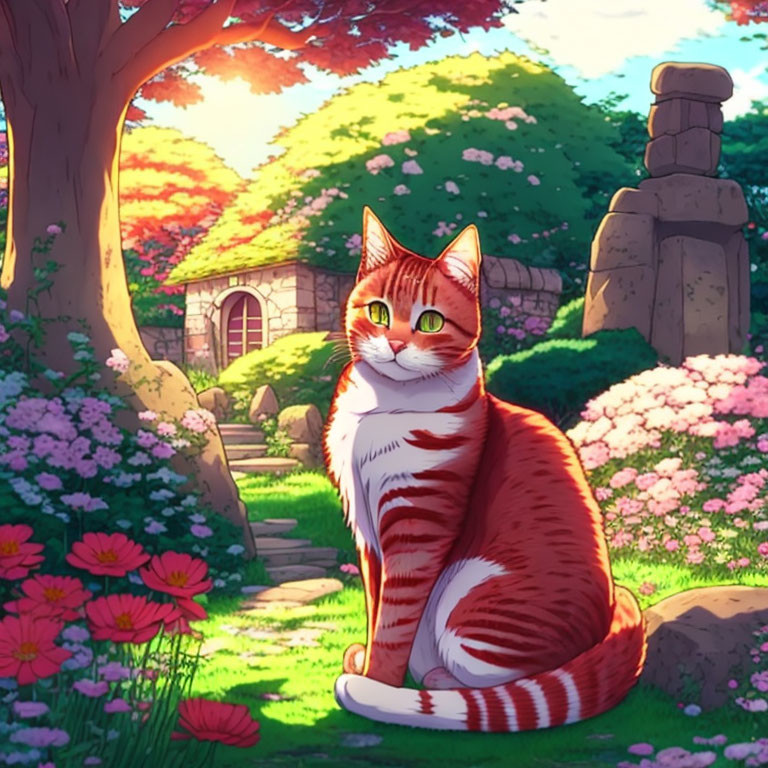 Red Tabby Cat in a beautiful garden