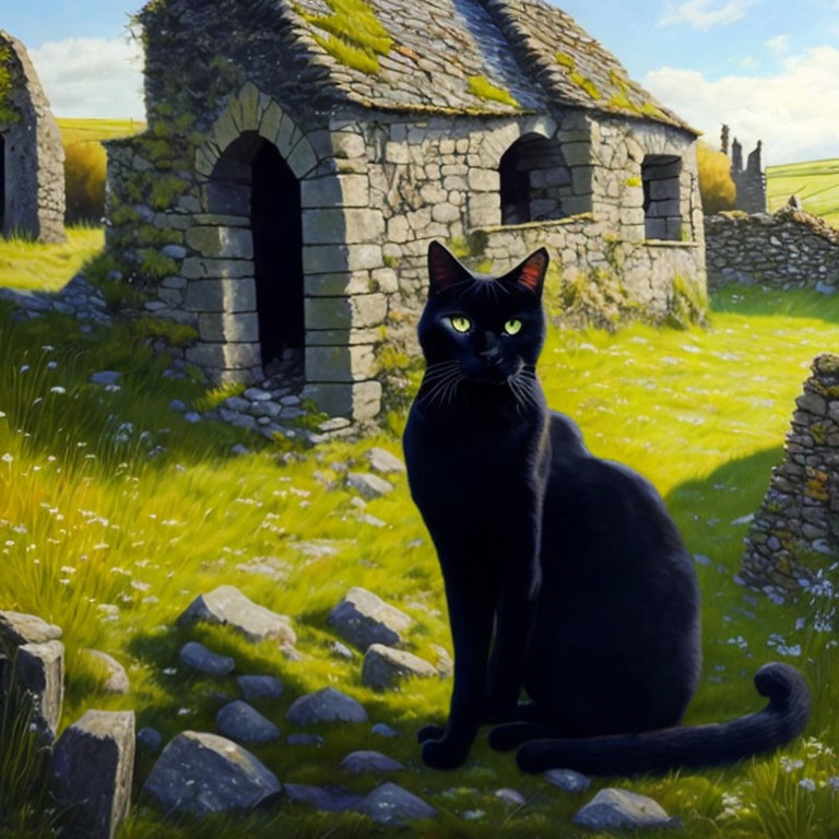 Black Cat stiing in front of old cottage