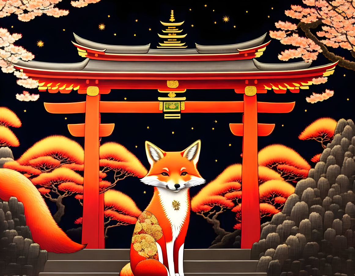 Japanese Red Fox Kitsune at Ancient Torii Gate