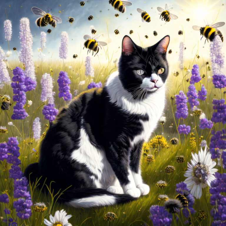 Balck-White Cat and some bees