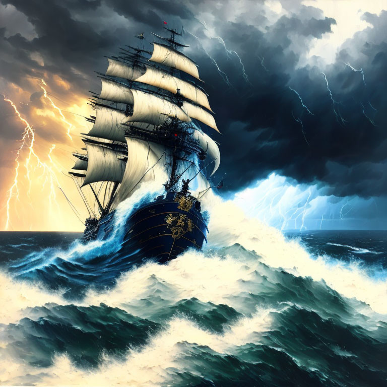 Sailing ship in rough sea in a thunderstorm