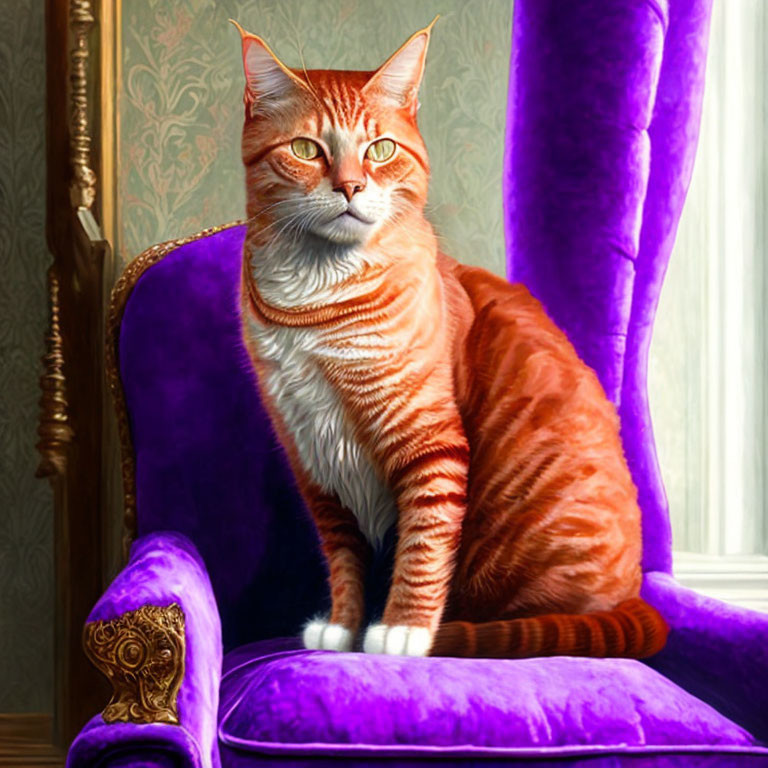 Red tabby Cat in a purple Chair